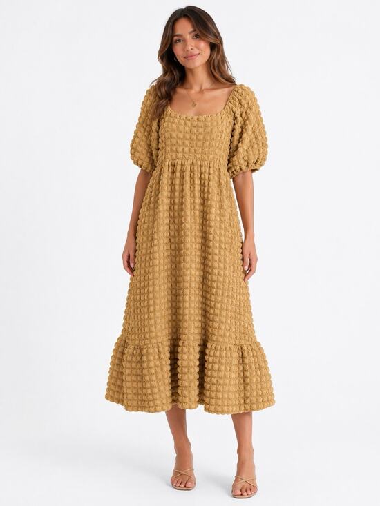 Simply Southern Dresses & Skirts - Simply Southern Bubble Maxi Dress Women's Large Tan Gauze Prairie Coastal Flowy